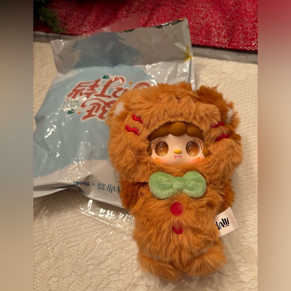 Open Bag Yooki Jingle Bells Ginger Cat Brown Plush Doll with Green Bow